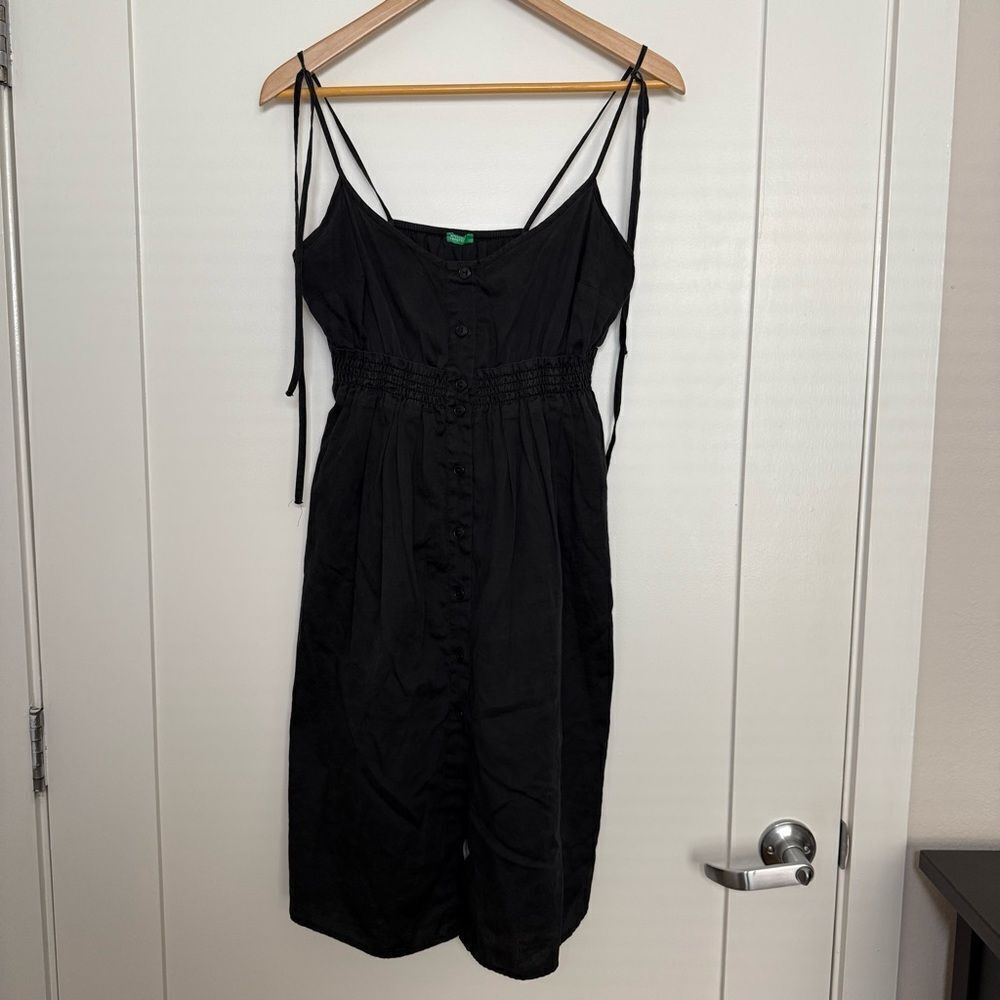 Babydoll Midi Dress Sz M Black Sleeveless Button Up Lightweight Summer Beach